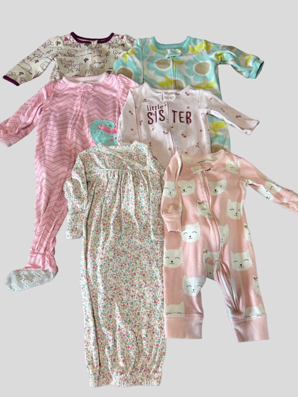 Baby Girl 3M Sleeper Bundle Lot of 6 Zip Footie Pajamas Gown Cute
